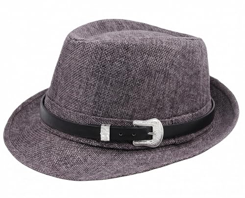Classic Fedora Hat for Men Women Short Brim Panama Summer Beach Hat Accessories with Belt Buckle - color: Dark Grey, size: Large-X-Large