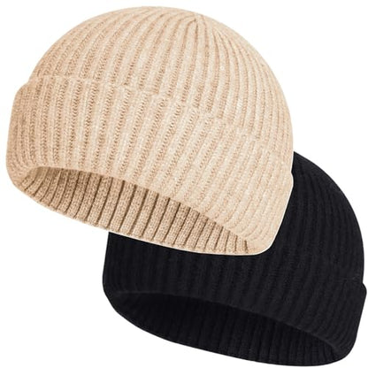 ROYBENS Wool Fisherman Beanies for Men Knit Short Watch Cap Winter Warm Hat - color: 2pcs Black+apricot
