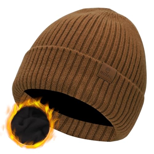 ZTL Merino Wool Beanie Hat for Men Women, Thick Warm Fleece Lined Knit Winter Hats Cuffed Beanie Stocking Hat Ski Skull Cap - color: Brown