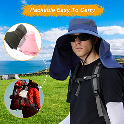 Women Wide Brim Face Mask Sun Hat Detachable Neck Face Flap Ponytail UV Protection Visor Hat Garden Fishing Hiking - color: Bg9215-navy
