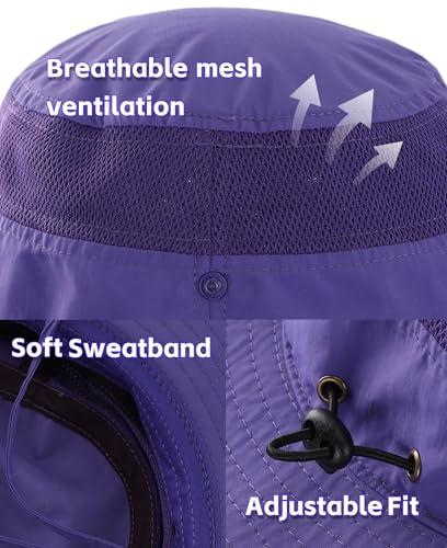 Connectyle UPF 50+ Wide Brim Sun Hat for Men Breathable Cowboy Boonie Hats Outdoor Bucket Hat for Fishing Hiking Safari - color: Purple