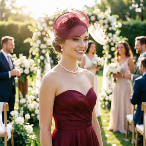 DRESHOW Fascinator Hats for Women Cocktail Tea Party Hat Netted Pillbox Hat Vintage Derby Hats for Bridal Wedding - color: Pillbox Hat: Burgundy