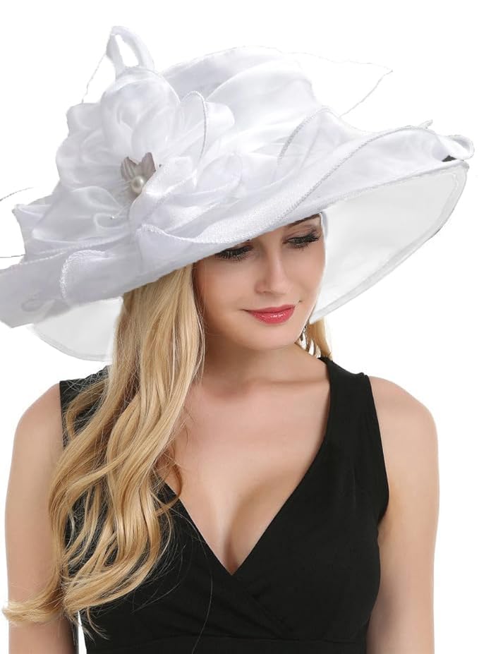 Organza Fascinator Hat - Women’s Wide Brim Church Bridal Tea Party Wedding Hat - color: 02a-white