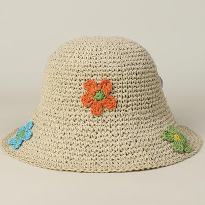 Women Straw Sun Hat Summer Beach Hats Foldable Floppy Cap Wide Brim Bucket Hat Solid Handmade Sun Protection Caps - color: Flora-beige