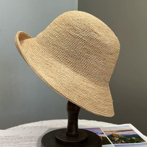 Natural Raffia Straw Bucket Hat for Women Sun Beach Handmade Raffia Woven Bucket Hat Foldable Summer Cap - color: Natural Raffia ( Brim2.4“)
