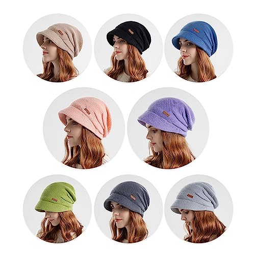 Women Fleece Lined Knitted Hat with Visor Brim, Winter Slouchy Cable Knit Beanie Newsboy Cap for Cold Weather - color: Black