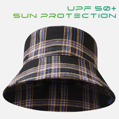 UPF 50+ Reversible Sun Hat - color: Black Plaid, size: Medium