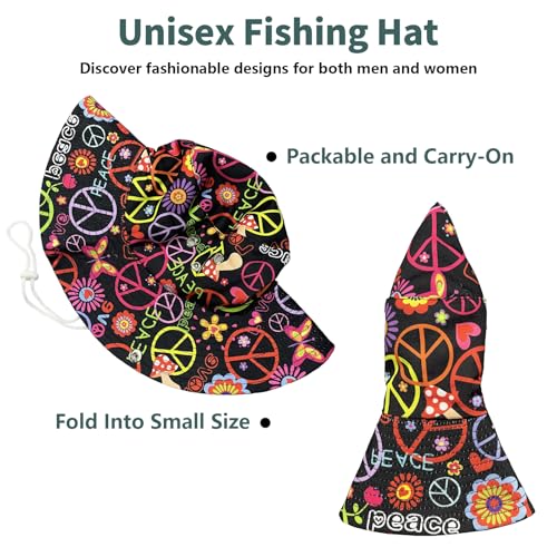 Funny Sun Hat for Men Women Wide Brim Bucket Hat Hiking Boonie Hat Summer Beach Fishing Caps - color: Hippie Peace