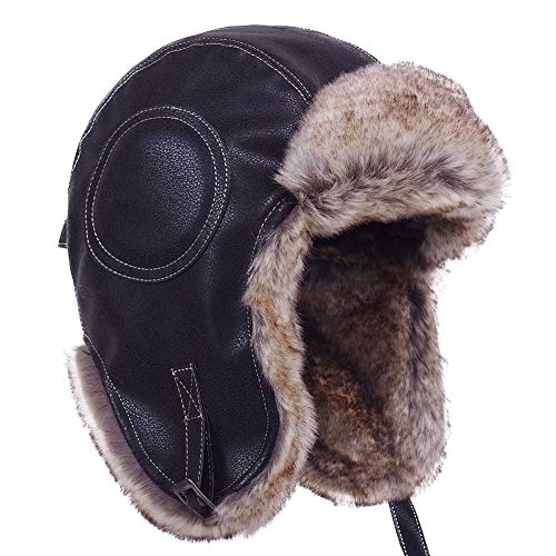 Janey&Rubbins Russian Hat Fur Soviet Ushanka Cossack Winter Cap Earflap Snow Ski Headwear - color: A - Black/Leather, size: Large