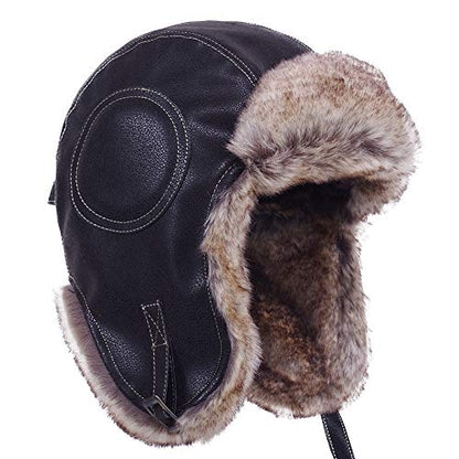 Janey&Rubbins Russian Hat Fur Soviet Ushanka Cossack Winter Cap Earflap Snow Ski Headwear - color: A - Black/Leather, size: Large