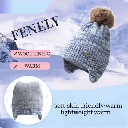 FENELY Women's Knitted Warm Beanie Winter Hat, Warm Chunky Snow Hat with Pompom - color: Bluespacedye
