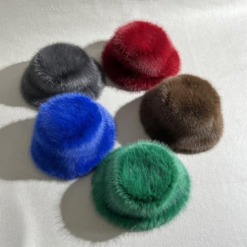Women's Oversized Faux Fur Bucket Hat, Fluffy Plush Winter Hat, Solid Color - color: Blue