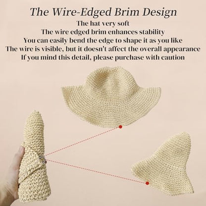 Floppy Big Beach Straw Hats for Women Foldable Summer Wide Brim Packable Sun Hat Womens Travel Straw Fedora Hat - color: Beige-4