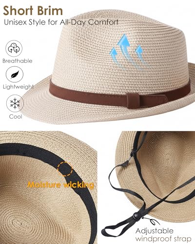 Straw Sun Hat for Men Women Short Brim Beach Trilby Hat UPF 50+ - color: Brown Belt Beige