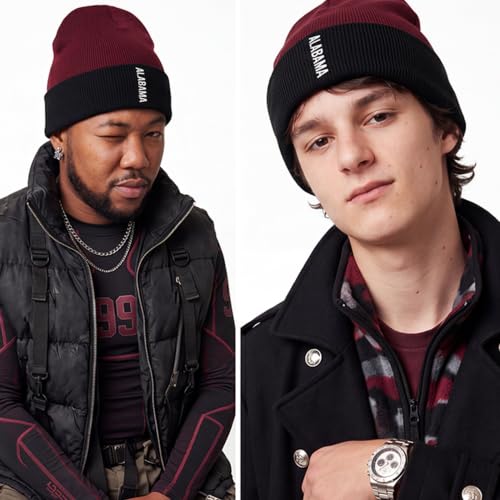 Daxton Vertical USA Cities Cuffed Beanie, Winter Knit Hat Skully Cap for Men Women, City Pride Daily Headwear - color: Alabama Burgundy Black White