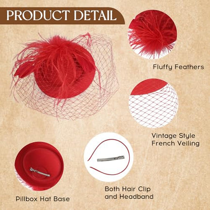 Fascinator Hat Veil Feather Fascinator Tea Party Bridal Wedding Veil Retro Hat Pillbox Hat - color: Red