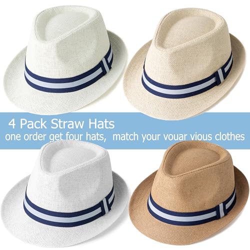 4 Pack Short Brim Straw Fedora Summer Beach Sun Hat Men - color: 4 Pcs Set B