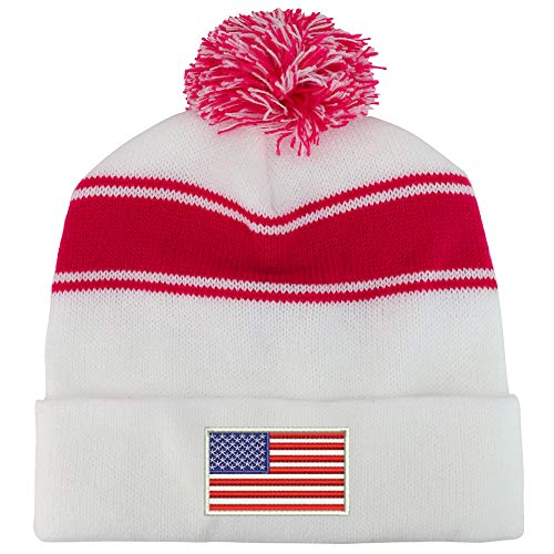 Trendy Apparel Shop White American Flag Two Tone Pom Striped Long Beanie Hat - color: White Pink