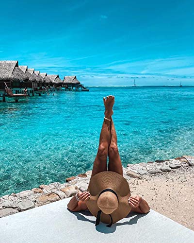 Lanzom Womens 5.7 Inches Big Bowknot Straw Hat Large Floppy Foldable Roll up Beach Cap Sun Hat UPF 50+ - color: Black