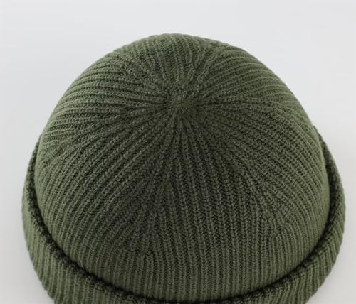 Connectyle Short Fisherman Beanie for Men Women Warm Winter Hats Knit Cuffed Beanies Skull Cap Acrylic Watch Hat - color: Army Green