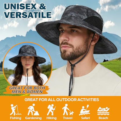 Wide Brim Sun Bucket Hat, Waterproof Boonie Hat for Men & Women - color: 05 Grey (Camo)