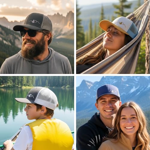 LINDO Trucker Hat [ Great Outdoors Design ] for Men and Women: Mid Profile Cap with Breathable Mesh Back and Adjustable Snap - color: Blue