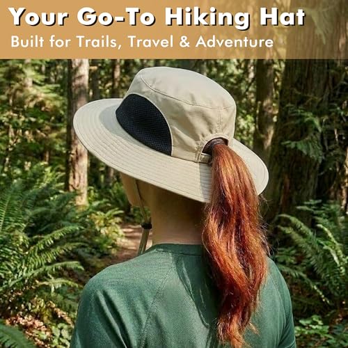 Tirrinia Sun Hats for Women, Wide Brim Hat with Ponytail Hole - color: #Olive-23.7'' Head