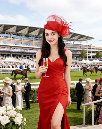 Z&X Sinamay Fascinator Hat Floral Feather Pillbox Derby Hats for Women Wedding Tea Party with Headband Clip - color: 001- Red