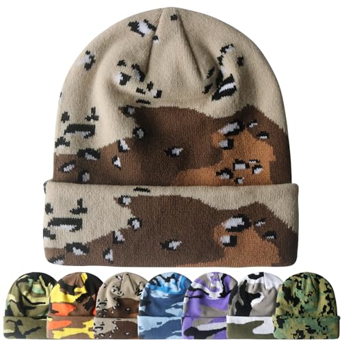 PFFY Beanie for Men Women Unisex Knit Cuffed Winter Beanies Hats Skull Cap - color: Camo Brown