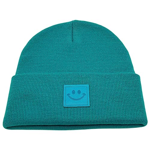 55cube Unisex Knit Cuffed Beanie Hats Warm Winter Caps with Leather Logos - color: Peacock Green