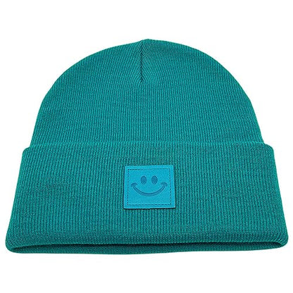 55cube Unisex Knit Cuffed Beanie Hats Warm Winter Caps with Leather Logos - color: Peacock Green