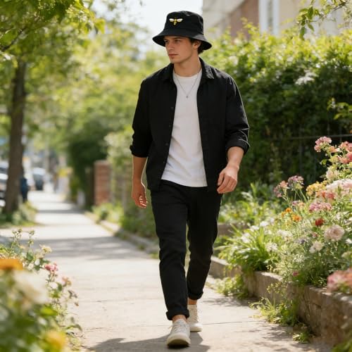Cotton Bucket Hat for Women Men Summer Travel Sun Beach Bucket Cap, Unisex Outdoor Fisherman Hat - color: Bee
