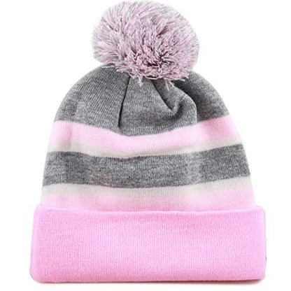 Winter Knit Beanie Hat with Pom Pom – Warm Cuffed Slouch Ski Cap for Men & Women - color: 1.pink and Grey With Pom