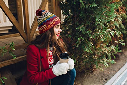 TINKUY Peru Alpaca Wool Winter Beanie, Handmade Bobble Hat, Unisex, One Size - color: Burgundy