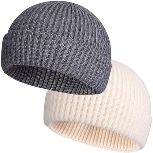 ROYBENS Wool Fisherman Beanies for Men Knit Short Watch Cap Winter Warm Hat - color: 2pcs Gray+ Beige