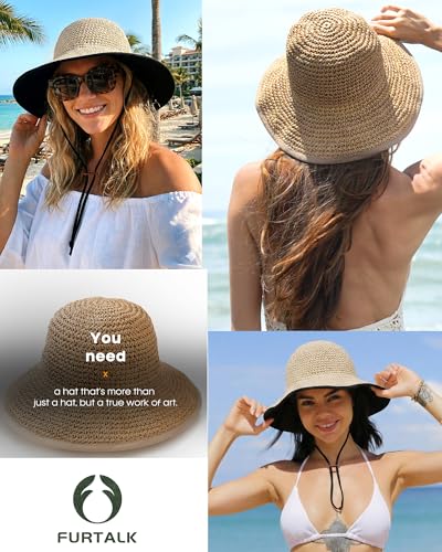 FURTALK Womens Hand-Woven Straw Sun Hat UPF 50+ Packable Summer Wide Brim Beach Linen Lining Bucket Hat with Chin Strap - color: Khaki