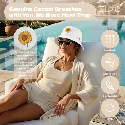 ZLYC Cotton Bucket Hat for Women Men Embroidered Packable Summer Sun Cap - color: Sunflower White