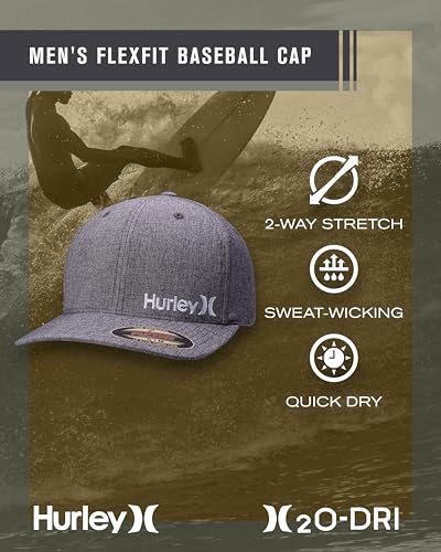 Hurley Mens Baseball Cap Moisture-Wicking Flexfit Curved Bill Fitted Hat - color: Light Grey, size: Large-X-Large
