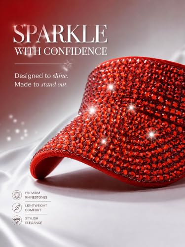Women Shiny Rhinestone Bling Sun Visor Adjustable Tennis Beach Ponytail Hat - color: Red Hat+red Rhinestone