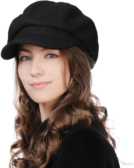 Comhats Women's Wool Winter Warm Newsboy Hats, Fashion Pageboy Beret Cap - color: Black – Elastic Back, Fleece Lined, size: Large