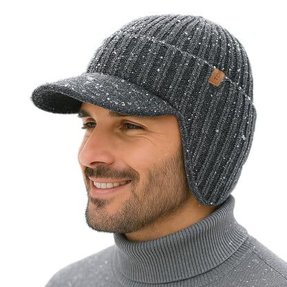 TOP-EX DryKnit™ 80% Merino Wool Waterproof Warm Brim Beanie with Ear Flaps - color: Gray, size: Medium