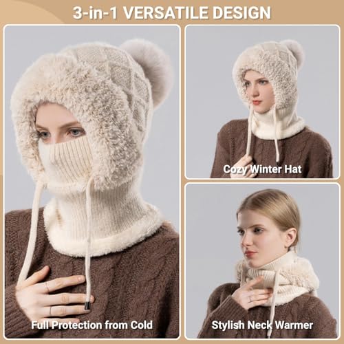 Women’s Knitted Beanie Hat with Face Cover - 3 in 1 Winter Balaclava with Mask Scarf Ear Muffs Pompom Fleece Lined Snow Caps - color: Brown-b