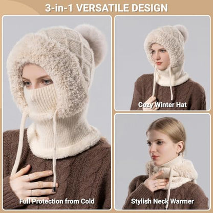 Women’s Knitted Beanie Hat with Face Cover - 3 in 1 Winter Balaclava with Mask Scarf Ear Muffs Pompom Fleece Lined Snow Caps - color: Brown-b
