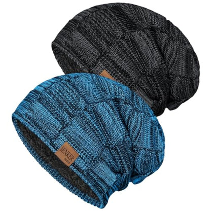 Senker Fashion 2 Pcs Winter Slouchy Beanie Hats for Men, Warm Mens Beanies - color: Blue Black