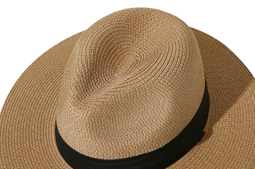 Lanzom Women Wide Brim Straw Panama Roll up Hat Fedora Beach Sun Hat UPF50+ - color: Brown/Black, size: One Size-Medium