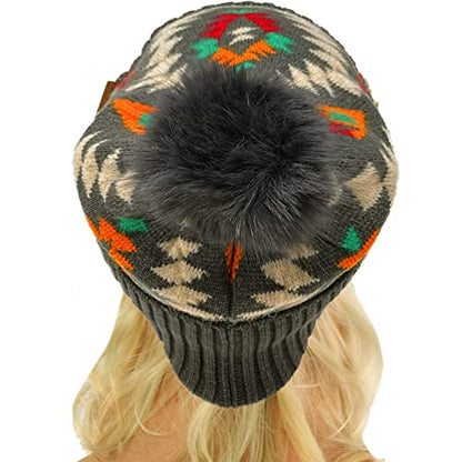 C.C Fur Pom Winter Fall Trendy Chunky Stretchy Cable Knit Beanie Hat - color: Aztec Dk. Gray