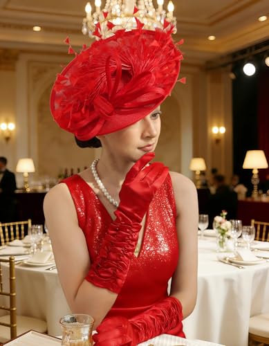 Unpifolov Fascinators Hats Elegant Women Flower Mesh Feathers Wedding Cocktail Bride Headband for Derby Hat Tea Party - color: Red