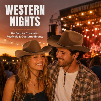 COLLECT PRESENT Plain Felt Cowboy & Cowgirl Hat for Men and Women | Western Studded Cowboy Hat in Adult Sizes - color: Brown
