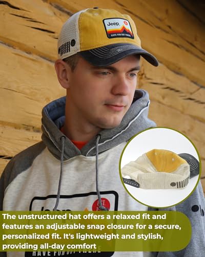 Jeep Have Fun Out There Patch Garment Washed Trucker Hat Unstructured for Men & Women - Adjustable Snapback Baseball Cap - color: Yellow