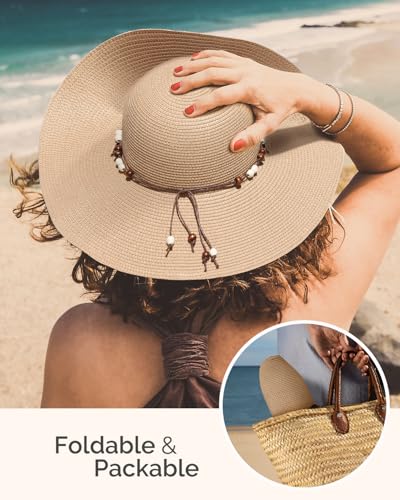 Womens Floppy Straw Sun Hat Wide Brim UPF 50 Sun Protection Packable Summer Beach Hats with Wind Lanyard - color: Beige, size: Medium